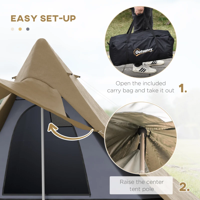 Outsunny 15.4'x15.4'x8.5' Teepee Tent, Waterproof Camping Tent with Porch Area, Floor and Carry Bag, for 2-3 Person Outdoor Backpacking Camping Hiking, Coffee