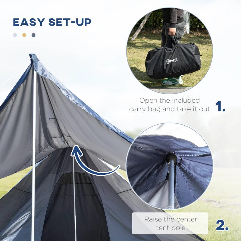 Outsunny 15.4'x15.4'x8.5' Teepee Tent, Waterproof Camping Tent with Porch Area, Floor and Carry Bag, for 2-3 Person Outdoor Backpacking Camping Hiking, Blue