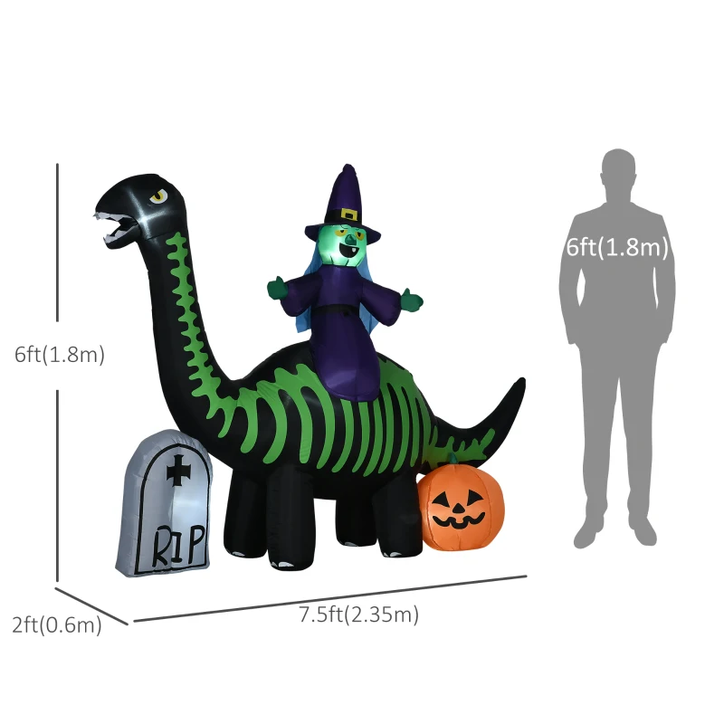 HOMCOM 8FT Halloween Inflatables Outdoor Decorations with LED Lights, Inflatable Skeleton Dinosaur with Witch, Tombstone and Pumpkin, Blow Up Yard Decorations for Garden, Party