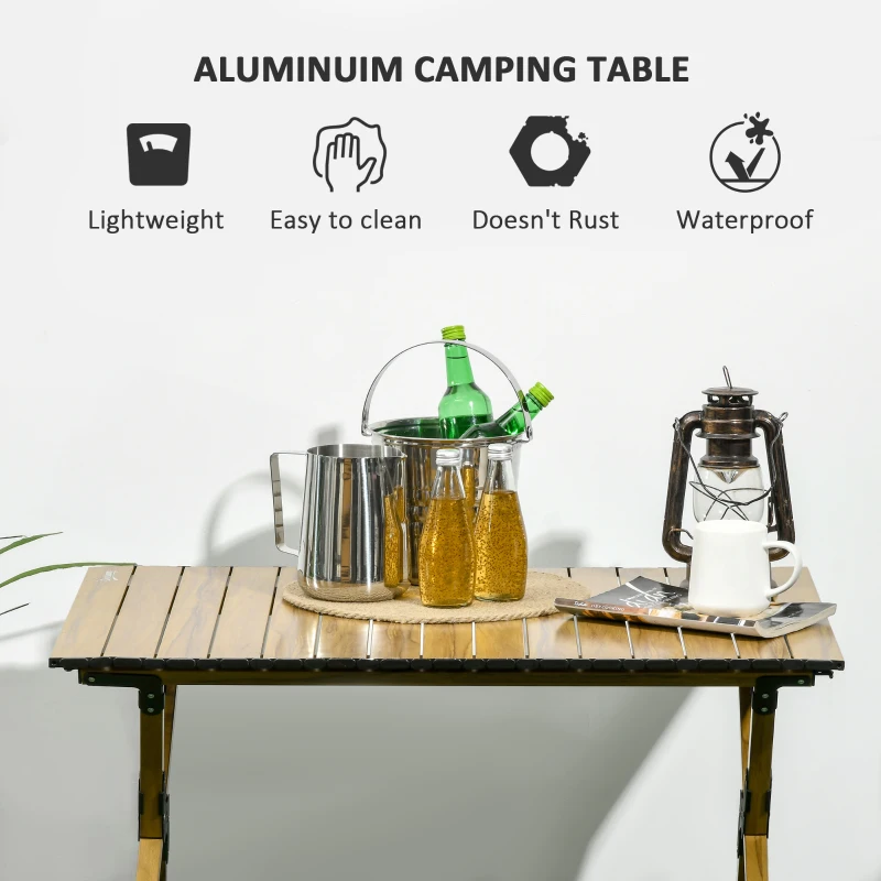 Outsunny Portable Folding Camping Table, 3ft Aluminum Roll-Up Picnic Table with Waterproof Woodgrain Finish & Carry Bag, Ideal for BBQ, Beach, Travel, Hiking