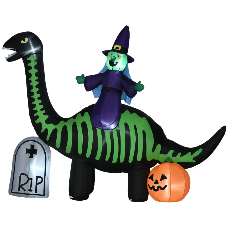 HOMCOM 8FT Halloween Inflatables Outdoor Decorations with LED Lights, Inflatable Skeleton Dinosaur with Witch, Tombstone and Pumpkin, Blow Up Yard Decorations for Garden, Party