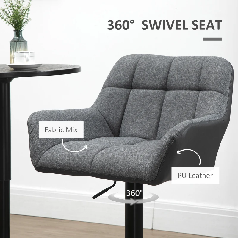 HOMCOM Swivel Barstools Set of 2 Adjustable Bar Stools with Footrest Armrests and PU Leather Back for Dining Room Grey