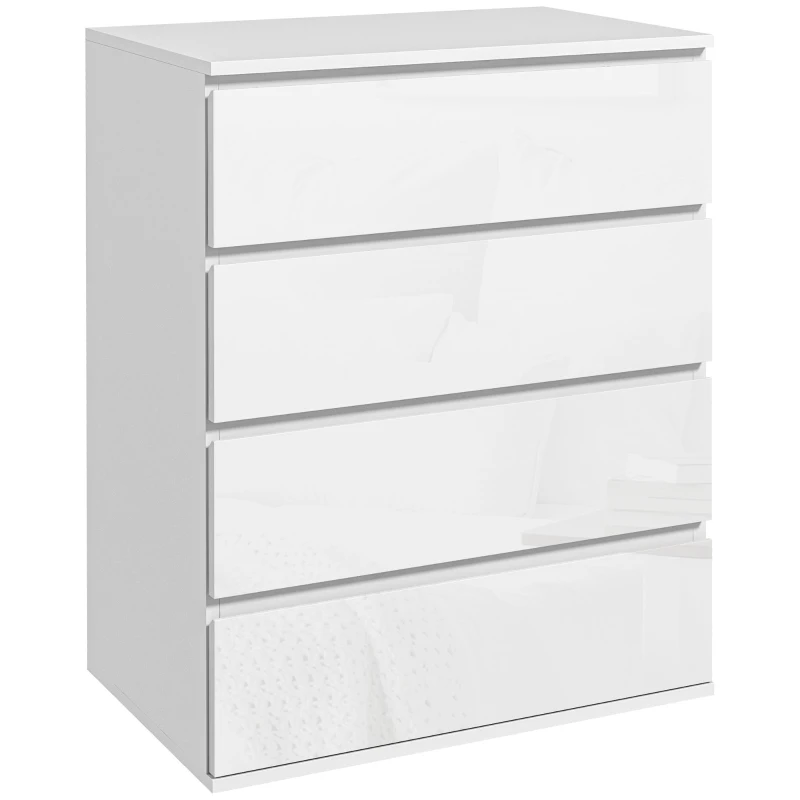 HOMCOM 4 Drawer Cabinet, High Gloss Drawer Chest for Bedroom, Chest of Drawers with Metal Runners and Groove Handles, White