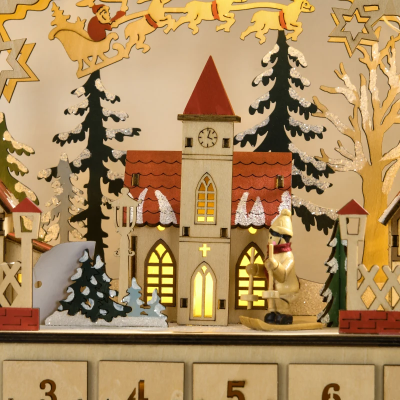 HOMCOM Christmas Advent Calendar, Countdown to Christmas Table Decoration with 24 Drawers, Lights, Battery Operated