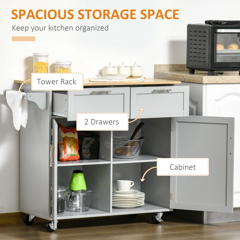 HOMCOM Rolling Kitchen Island, Kitchen Cart on Wheels with 2 Storage Drawers, 2 Door Cabinets and Towel Rack for Dining Room (Grey, 2-Doors)