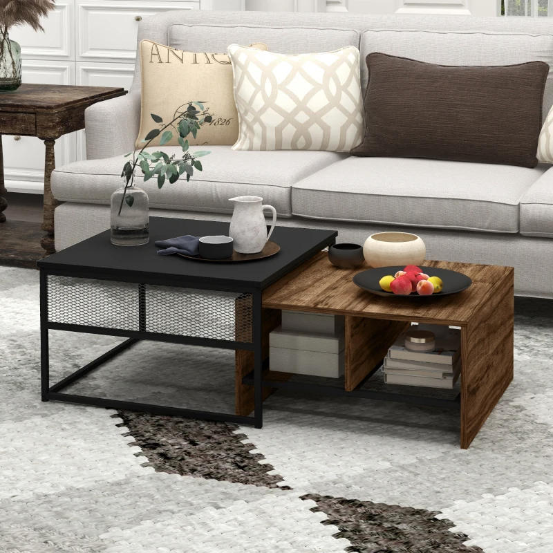 HOMCOM Coffee Table Set of 2, Industrial Nesting Tables, Square Coffee Table and Narrow Sofa ...