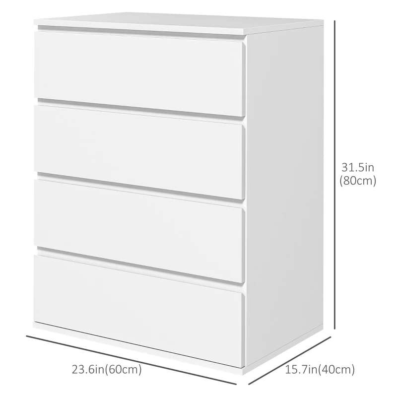 HOMCOM 4 Drawer Cabinet, High Gloss Drawer Chest for Bedroom, Chest of Drawers with Metal Runners and Groove Handles, White