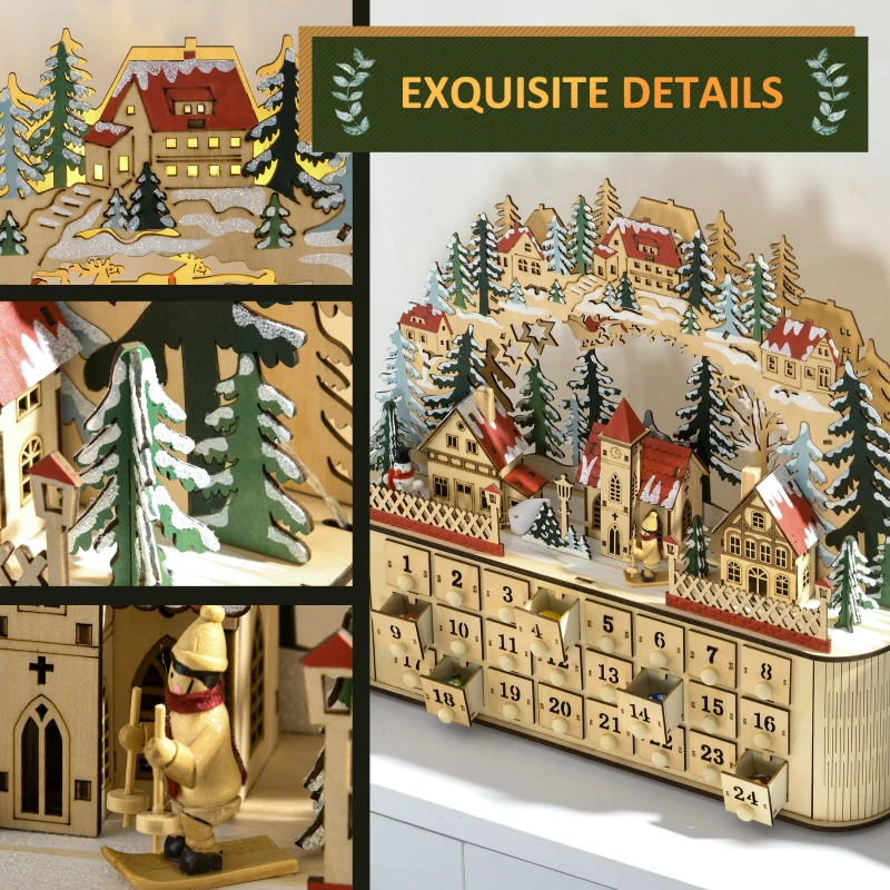 HOMCOM Christmas Advent Calendar, Countdown to Christmas Table Decoration with 24 Drawers, Lights, Battery Operated