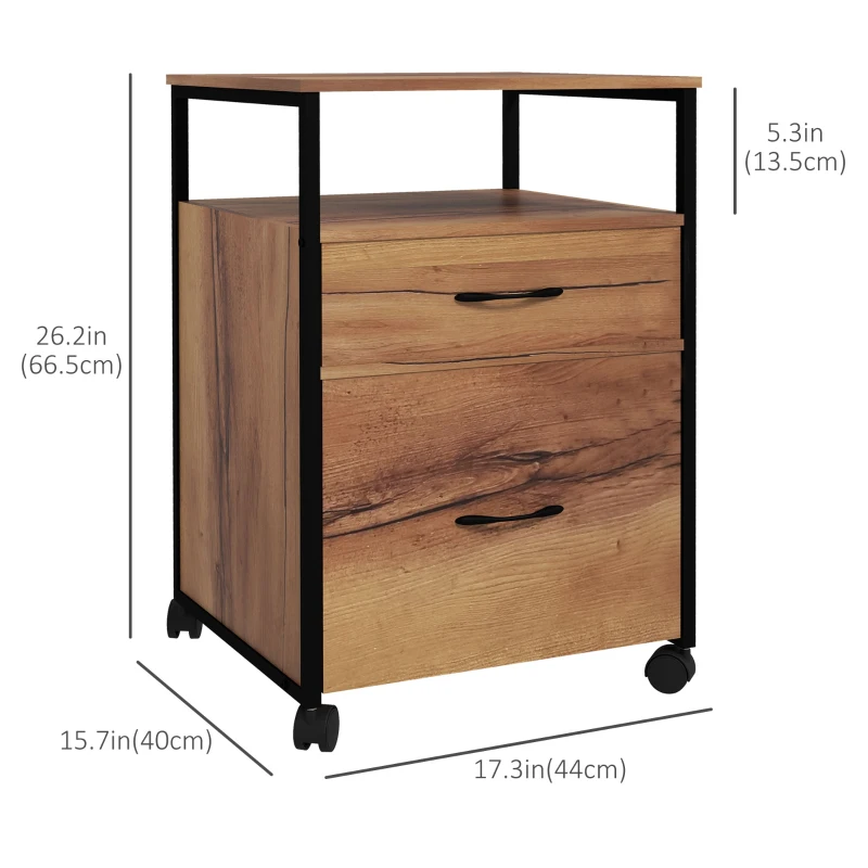 Vinsetto Vertical Filing Cabinet with Wheels, 26.2" Tall File Cabinet with 2 Drawers, Open Shelf, Hanging Bars for Letter and A4 Size, Industrial Printer Stand, Rustic Brown