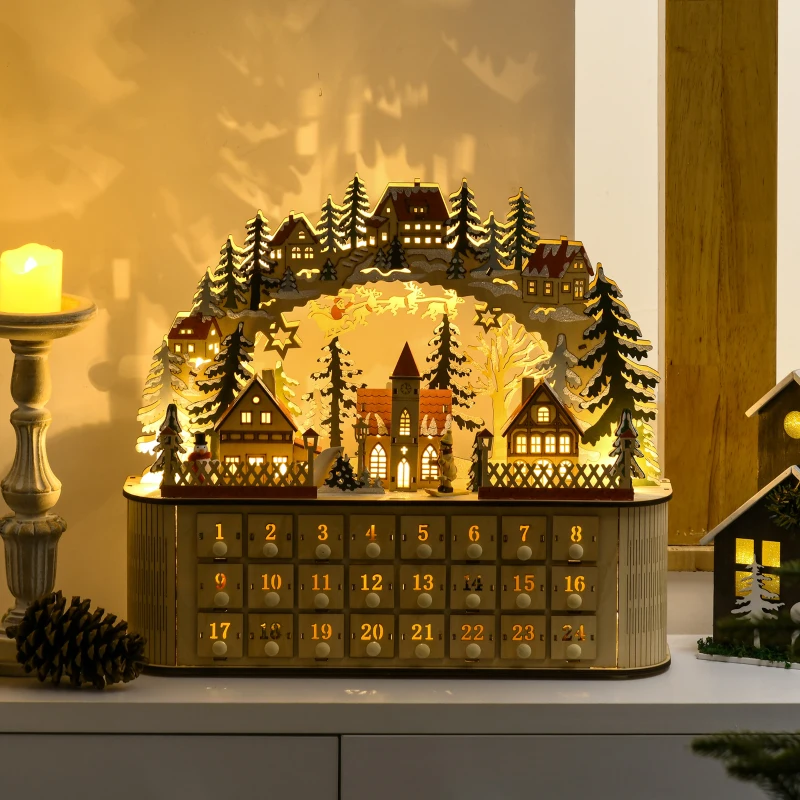 HOMCOM Christmas Advent Calendar, Countdown to Christmas Table Decoration with 24 Drawers, Lights, Battery Operated