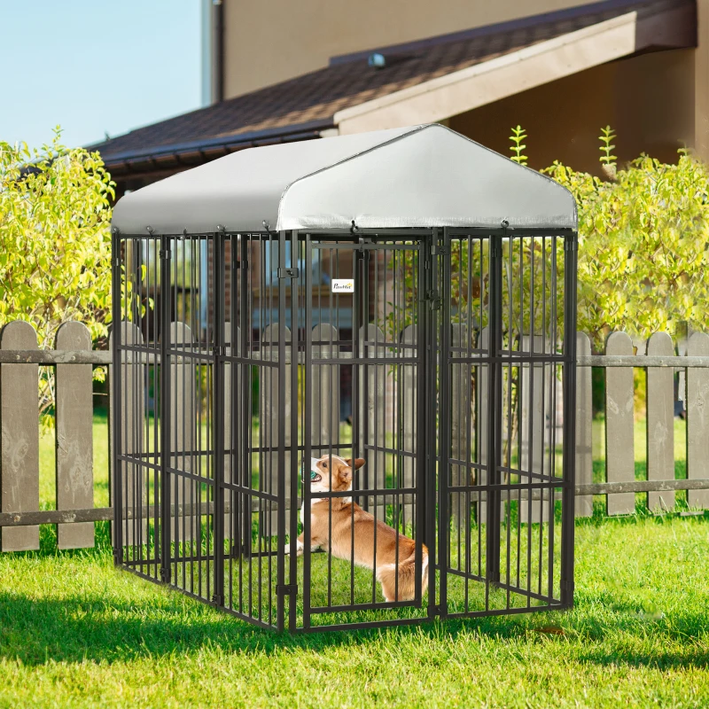 PawHut 6' x 4' Dog Kennel, Outdoor Dog Playpen Run with Waterproof, UV Resistant Canopy, Heavy-Duty Chain Link for Medium and Large Dogs