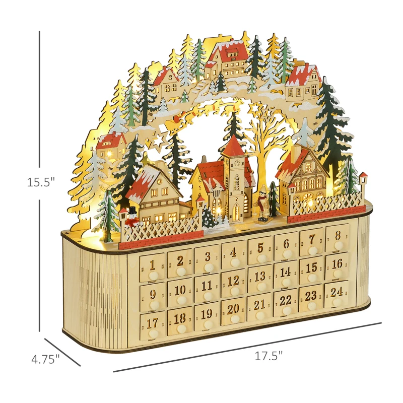 HOMCOM Christmas Advent Calendar, Countdown to Christmas Table Decoration with 24 Drawers, Lights, Battery Operated