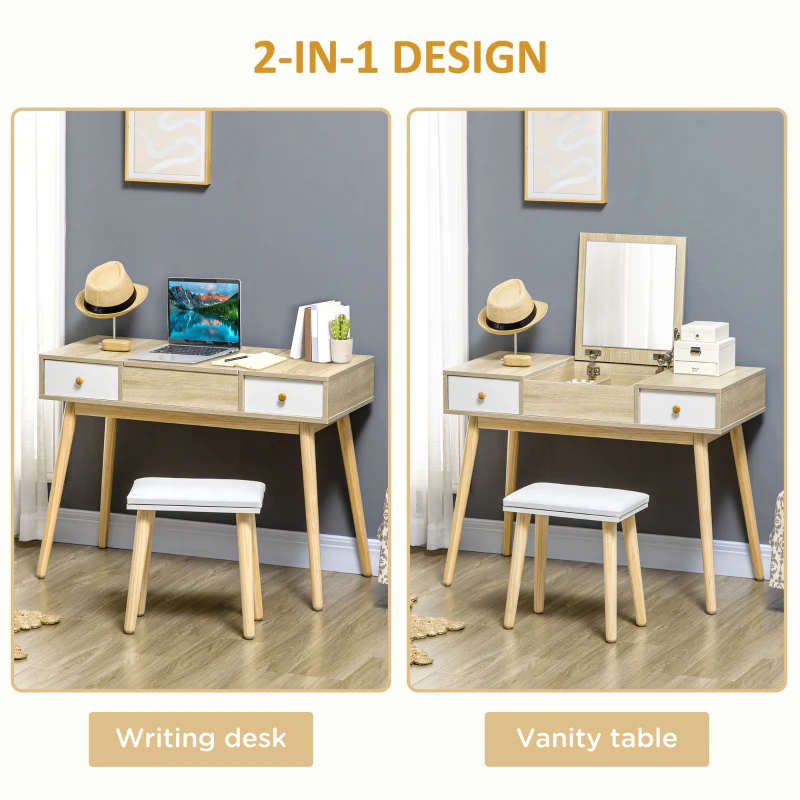 HOMCOM Makeup Vanity Desk with Flip Top Mirror and Cushioned Stool, Dressing Table Writing Desk with 2 Drawers and Storage Grids for Bedroom (Natural)