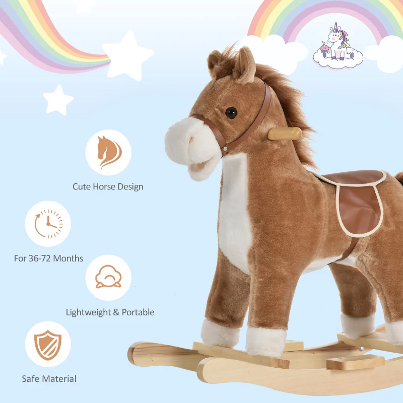 Qaba Kids Rocking Horse Plush Animal on Wooden Rockers with Sounds, Wooden Base, Baby Rocking Chair, Brown