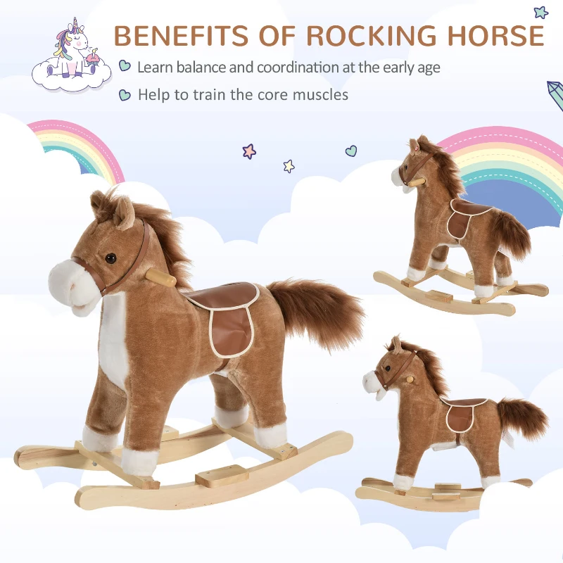 Qaba Kids Rocking Horse Plush Animal on Wooden Rockers with Sounds, Wooden Base, Baby Rocking Chair, Brown