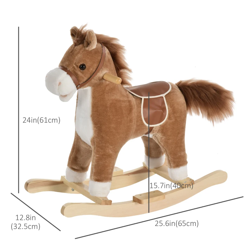 Qaba Kids Rocking Horse Plush Animal on Wooden Rockers with Sounds, Wooden Base, Baby Rocking Chair, Brown