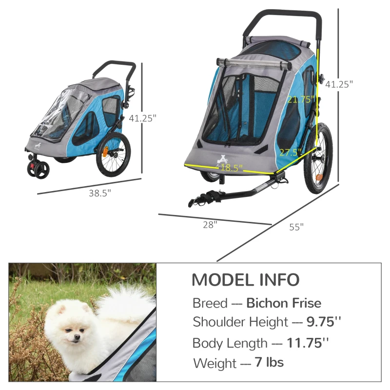 Aosom Dog Bike Trailer 2-In-1 Pet Stroller Cart Bicycle Wagon Cargo Carrier Attachment for Travel with 360 Swivel Wheel Reflectors Parking Brake Straps Cup Holder Blue