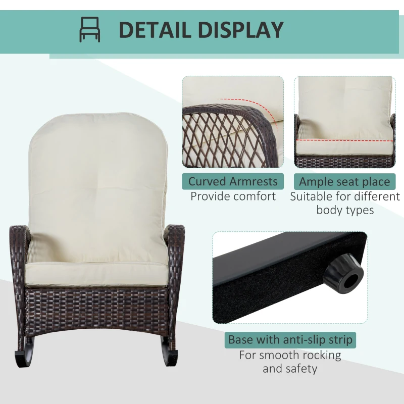 Outsunny Rattan Rocking Chair, Outdoor Wicker Patio Rocker Chair Furniture with Thick Cushions, for Garden Backyard Porch, Cream White