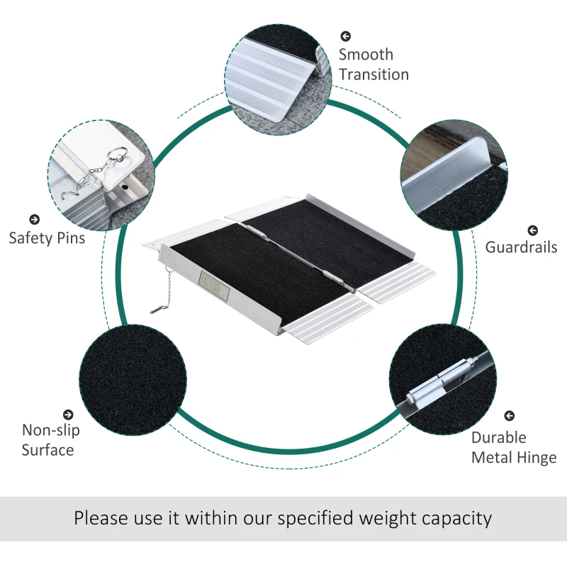 HOMCOM 2ft Portable Wheelchair Ramp Aluminum Threshold Mobility Singlefold for Scooter with Carrying Handle Non-skid Surface 600lbs