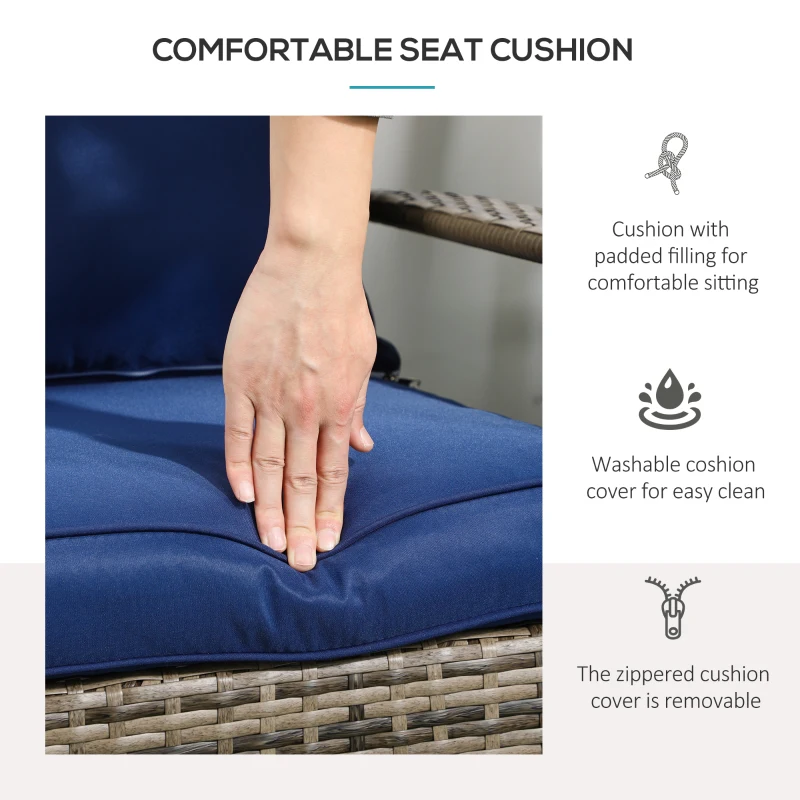 Outsunny Patio Wicker Adirondack Chair, Outdoor All-Weather Rattan Fire Pit Chair w/ Soft Cushions, Tall Curved Backrest and Comfortable Armrests for Deck or Garden, Mixed Tan/Dark Blue