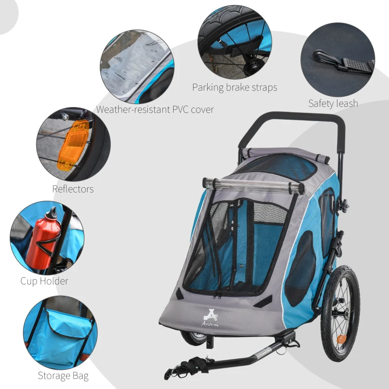 Aosom Dog Bike Trailer 2-In-1 Pet Stroller Cart Bicycle Wagon Cargo Carrier Attachment for Travel with 360 Swivel Wheel Reflectors Parking Brake Straps Cup Holder Blue