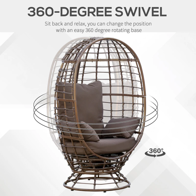 Outsunny Wicker Egg Chair, 360 Rotating Indoor Outdoor Boho Basket Seat with Cushion and Pillows for Backyard, Porch, Patio, Garden, Handwoven All-Weather PE Rattan, Steel Frame, Brown