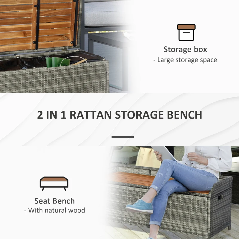 Outsunny Patio Wicker Storage Bench Box, Outdoor Garden PE Rattan Pool Storage Deck Bin Box w/ Natural Wood Top, Lid, Ideal for Storing Tools, Accessories and Toys, Mixed Gray