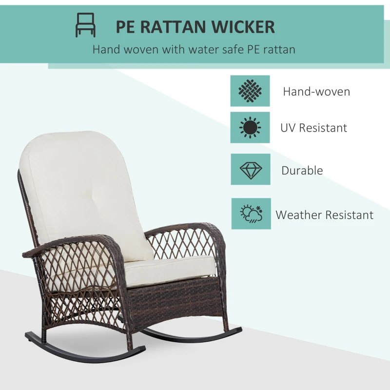 Outsunny Rattan Rocking Chair, Outdoor Wicker Patio Rocker Chair Furniture with Thick Cushions, for Garden Backyard Porch, Cream White
