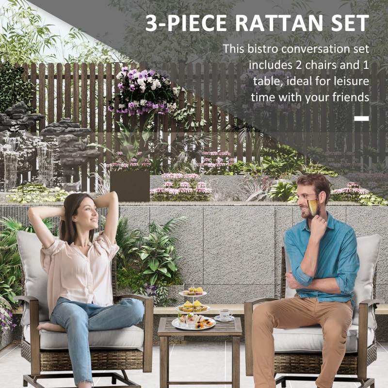 Outsunny Patio Bistro Set, Porch Furniture with Soft Cushions and Rocking Function for Yard, Lawn, Porch, Light Gray