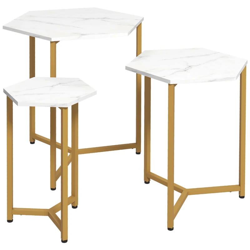 HOMCOM Nesting Tables Set of 3, Hexagon Side End Table with Marble Effect Top and Steel Legs for Living Room Bedroom, White and Gold