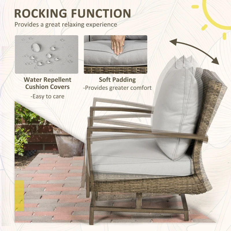 Outsunny Patio Bistro Set, Porch Furniture with Soft Cushions and Rocking Function for Yard, Lawn, Porch, Light Gray