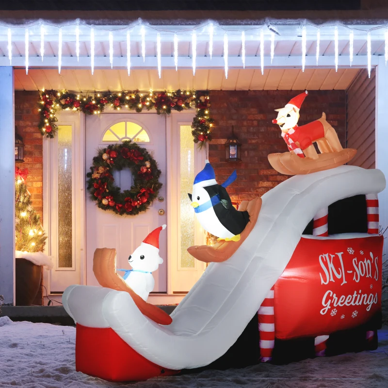 HOMCOM 8.5FT Long Christmas Inflatables Outdoor Decorations Polar Bear, Penguin and Reindeer on the Slope, Blow-Up LED Yard Christmas Decor, Waterproof