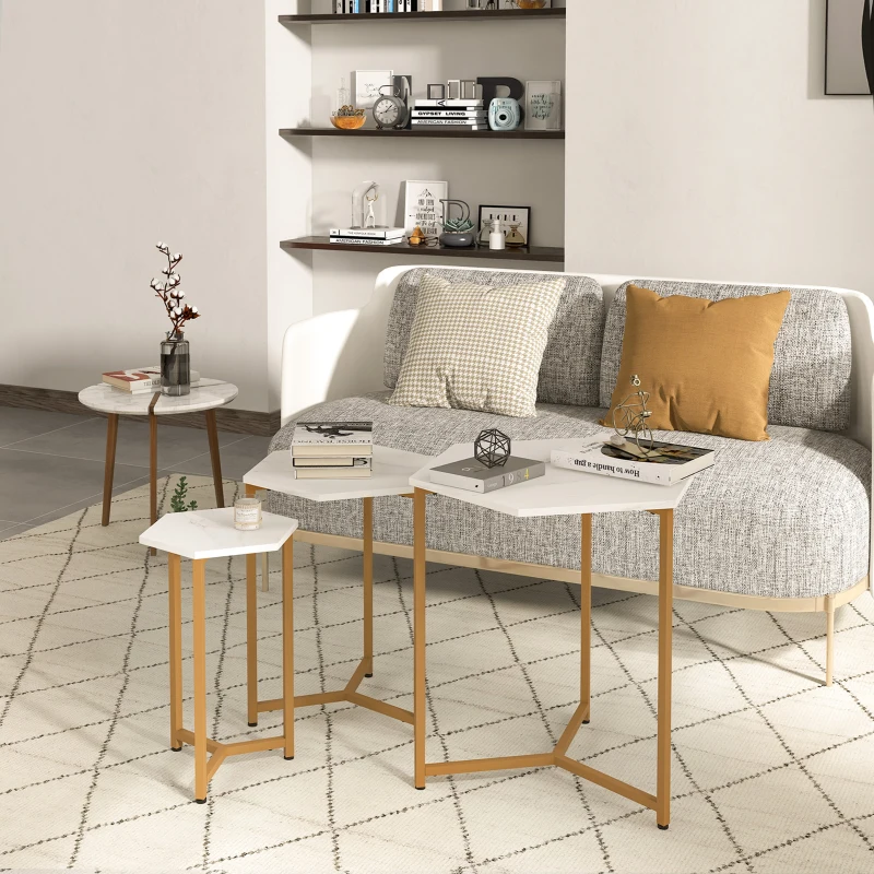 HOMCOM Nesting Tables Set of 3, Hexagon Side End Table with Marble Effect Top and Steel Legs for Living Room Bedroom, White and Gold