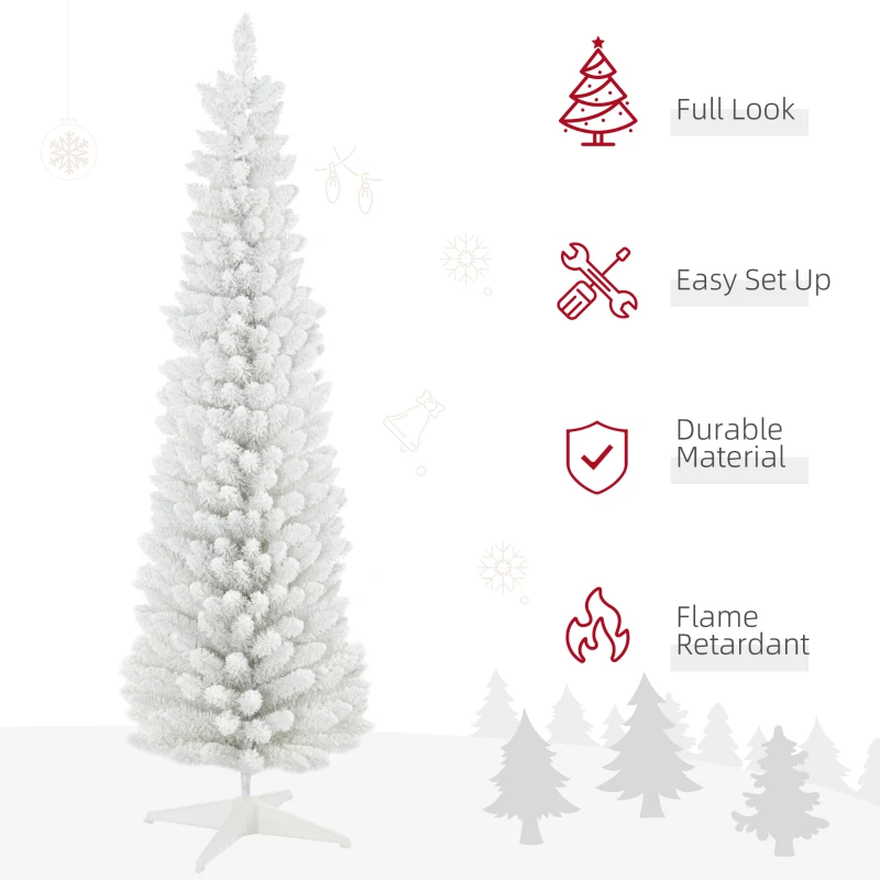 HOMCOM 6' Decorated Christmas Tree Snow Flocked Artificial Christmas Tree with Pencil Shape, Realistic Branches, White