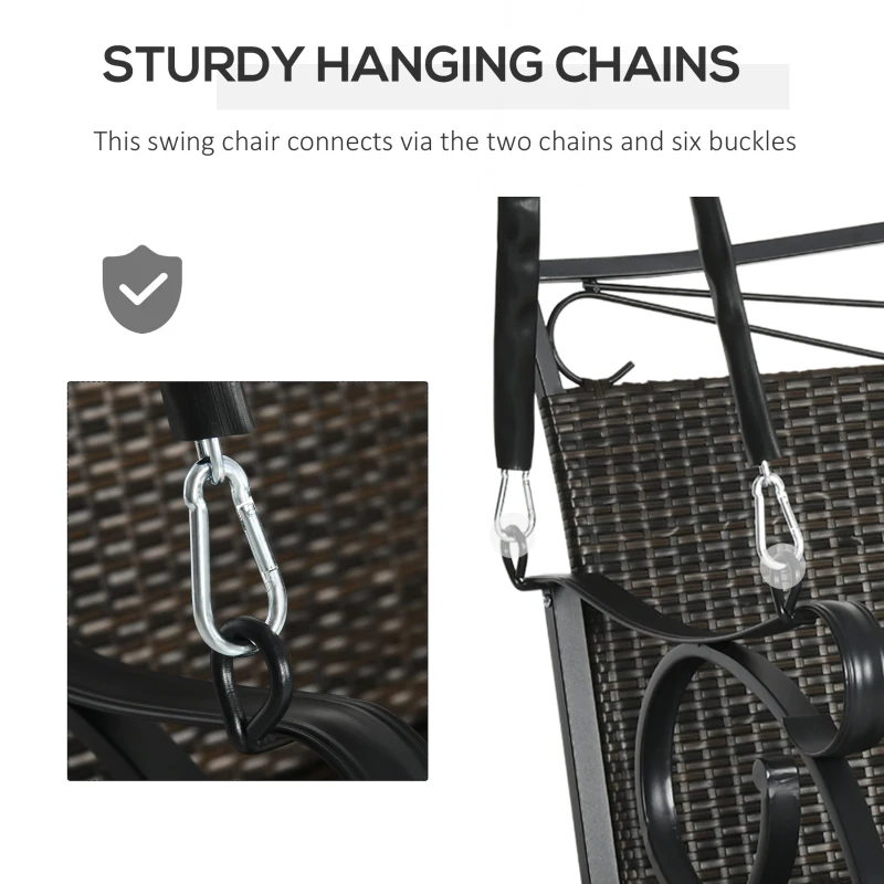Outsunny PE Wicker Porch Swing, 2-Seater Hanging Swing Bench with Chains, 528 LBS Weight Capacity, Flourishes, Brown
