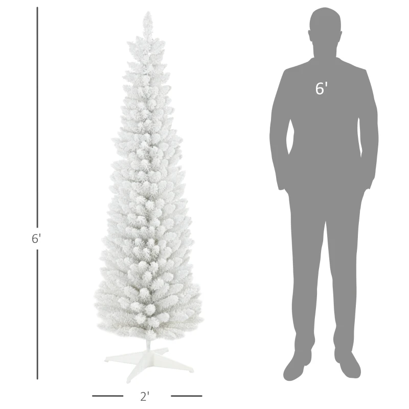 HOMCOM 6' Decorated Christmas Tree Snow Flocked Artificial Christmas Tree with Pencil Shape, Realistic Branches, White