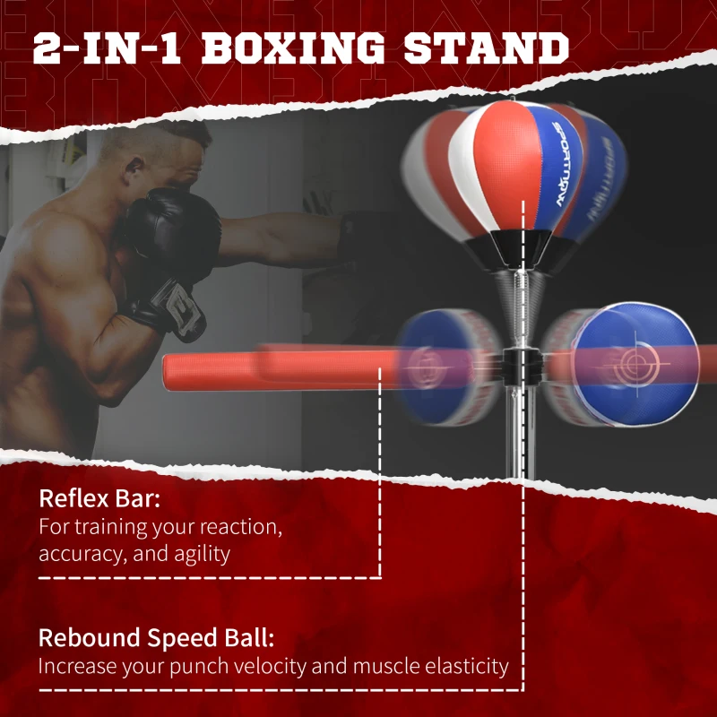 Soozier Boxing Speed Trainer with Stand, Reaction Bar Challenge, Reflex Bag, 64-81in Adjustable Height, Red and Blue