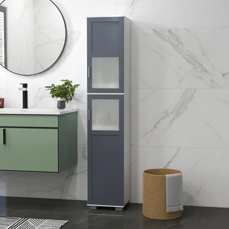 kleankin 75" Tall Bathroom Storage Cabinet, Narrow Bathroom Cabinets with Matte Glass Doors and 5-tier Shelving, White & Grey