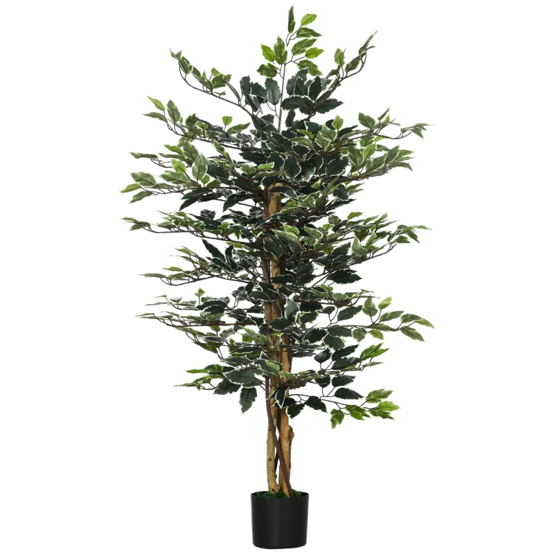 HOMCOM 4.3FT Artificial Ficus Tree, Fake Tree with Leaves, Faux Plant in Nursery Pot for Indoor Decoration