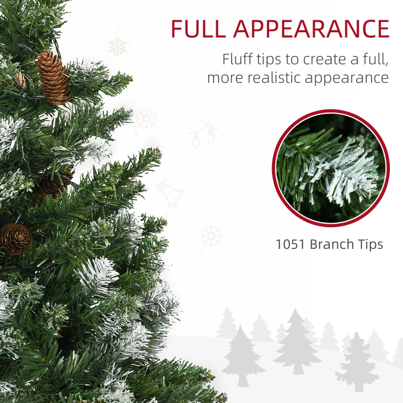 HOMCOM 7.5' Decorated Christmas Trees, Skinny Prelit Artificial Christmas Tree with Snow-dipped Branches, Auto Open, Pinecones