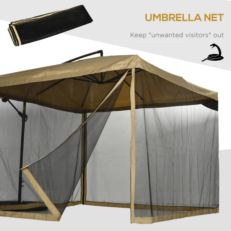 Outsunny Offset Patio Umbrella with Net and Umbrella Base, Adjustable Cantilever Canopy with Cross Base, Weight Plates and 8 Ribs for Backyard, Poolside, Garden, Beige