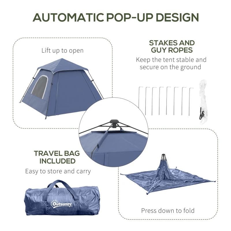 Outsunny 3-4 Person Automatic Camping Tent w/ Porch, Pop Up Tent, Portable Backpacking Shelter with Mesh Windows, Zipped Door, Floor, Hang Hook & Portable Carry Bag, Dark Blue