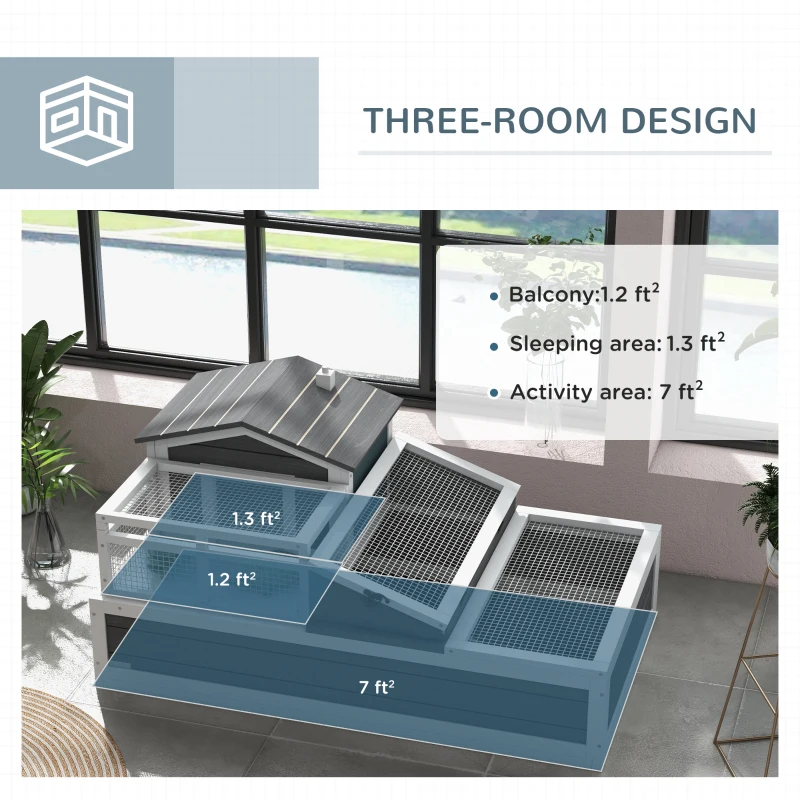 PawHut Tortoise House Habitat, 3-Room with Balcony, 2-Story Indoor/Outdoor Enclosure with Ladder, Tray, Open Roof, Large Wooden Reptile Cage, 44"x25.5"x23", Gray