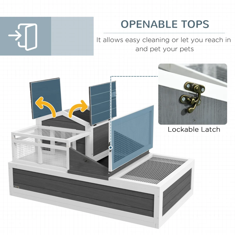 PawHut Tortoise House Habitat, 3-Room with Balcony, 2-Story Indoor/Outdoor Enclosure with Ladder, Tray, Open Roof, Large Wooden Reptile Cage, 44"x25.5"x23", Gray