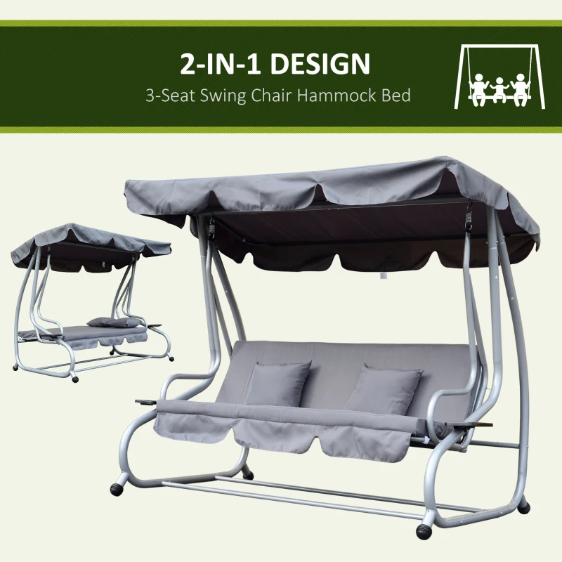 Outsunny 3-Seat Outdoor Patio Swing Chair, Converting Flat Bed, Canopy Swing with Adjustable Shade, Removable Cushions, Cup Holder, Grey