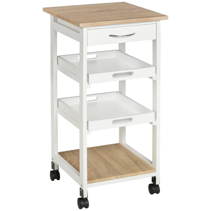 HOMCOM Bar Cart, 4-Tier Kitchen Cart with Removable Serving Tray, Kitchen Shelves on Wheels with Drawer for Dining Room, Living Room, White