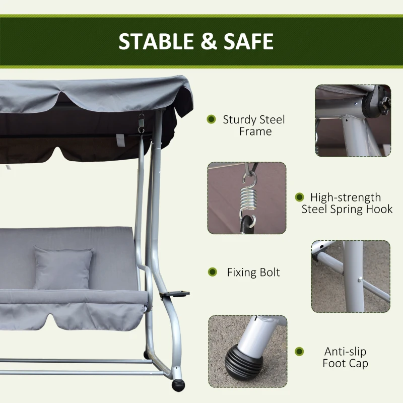 Outsunny 3-Seat Outdoor Patio Swing Chair, Converting Flat Bed, Canopy Swing with Adjustable Shade, Removable Cushions, Cup Holder, Grey