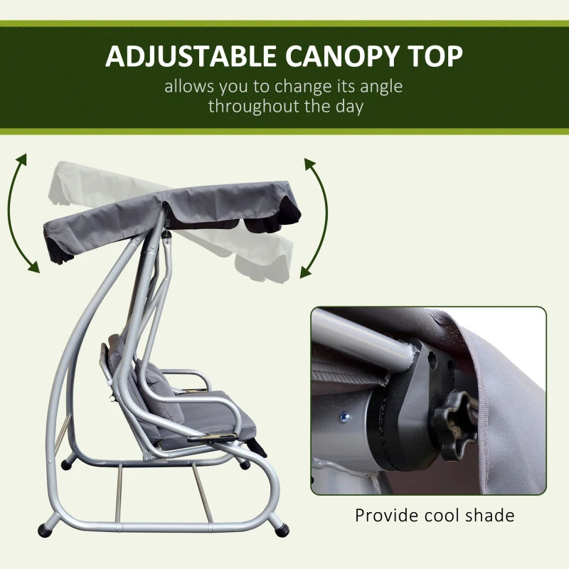 Outsunny 3-Seat Outdoor Patio Swing Chair, Converting Flat Bed, Canopy Swing with Adjustable Shade, Removable Cushions, Cup Holder, Grey