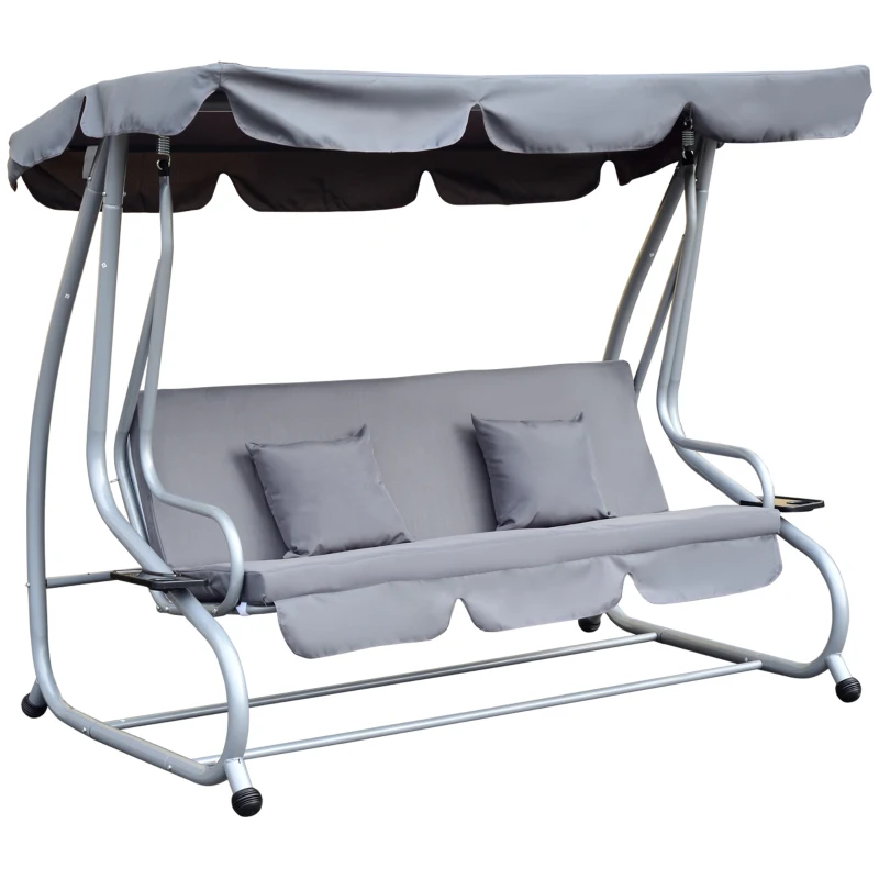Outsunny 3-Seat Outdoor Patio Swing Chair, Converting Flat Bed, Canopy Swing with Adjustable Shade, Removable Cushions, Cup Holder, Grey