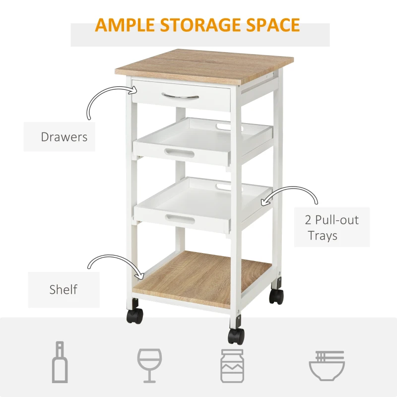 HOMCOM Bar Cart, 4-Tier Kitchen Cart with Removable Serving Tray, Kitchen Shelves on Wheels with Drawer for Dining Room, Living Room, White